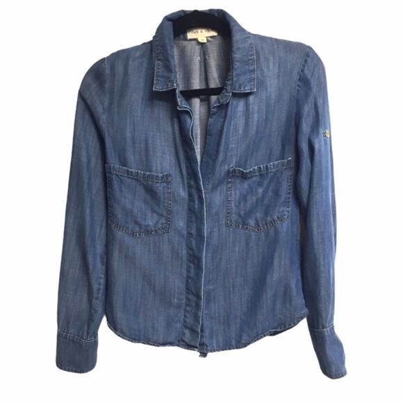 Anthro Cloth & Stone Blue Chambray Split Tie Back Shirt Blue XS - Picture 1 of 8